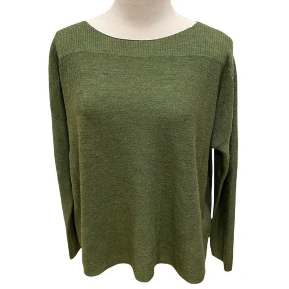 Eileen Fisher Green Boatneck Sweater Merino Wool S Casual
